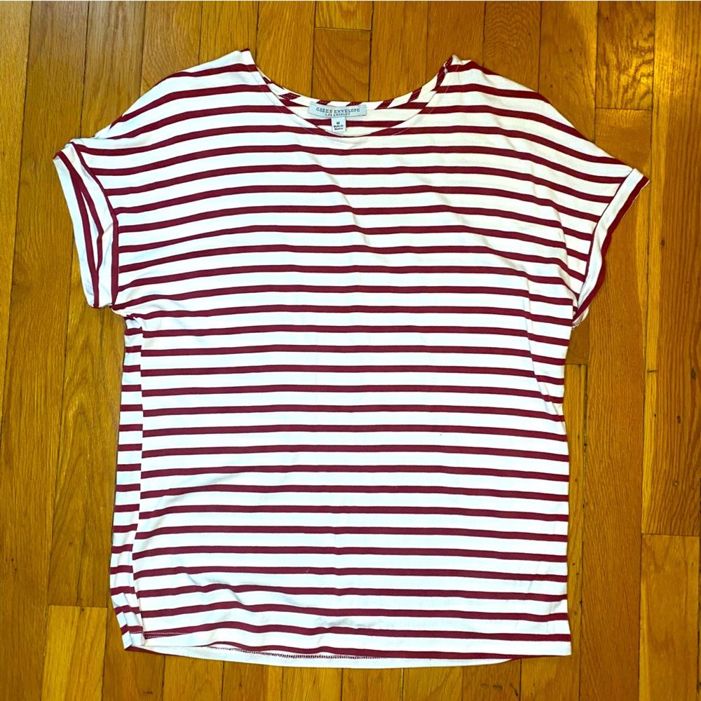 “Green Envelope” White and Red Stripe Cap Sleeve T-Shirt